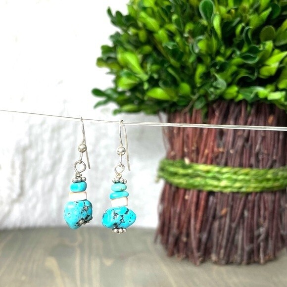 Boho Raw Stacked Turquoise Drop Earrings - Picture 3 of 8